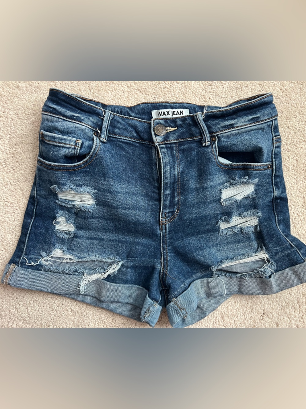 Wax Jean Distressed Dark Blue Denim Shorts